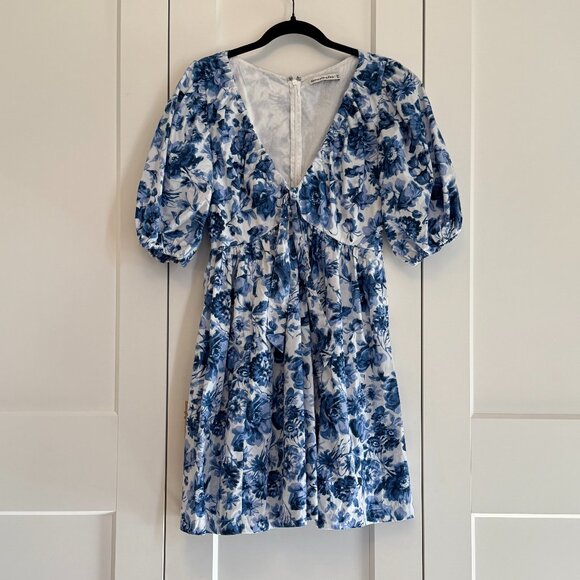 Abercrombie Puff Sleeve Floral Mini Dress • Blue Toile Print • Size Medium Tall - Picture 2 of 3